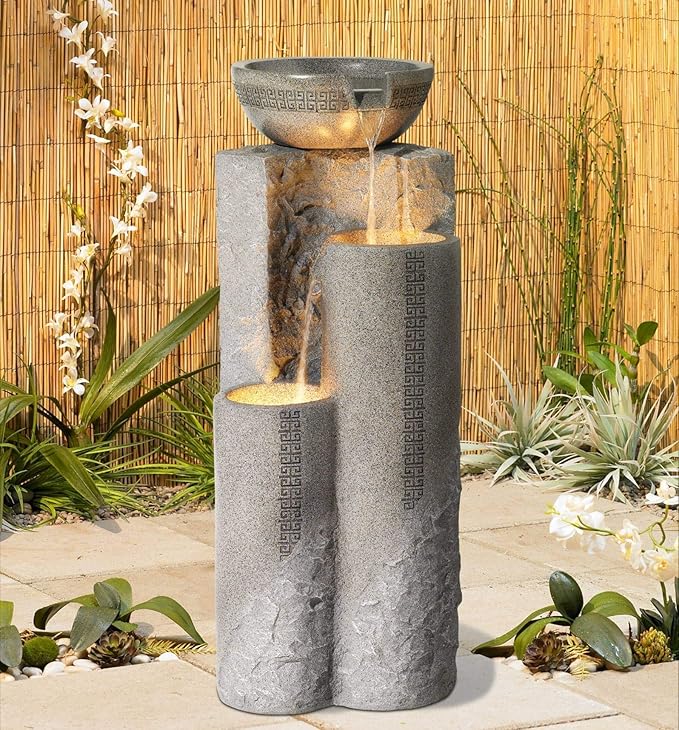 Bowl and Pillar 34 1/2" High Large Modern Zen Outdoor Decor Faux Stone Floor Fountain with Light LED Standing Waterfall Tiered Water Feature for Outside Garden Patio Yard Backyard - John Timberland