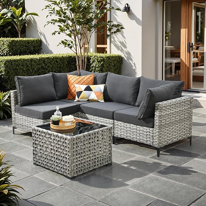 Outdoor Patio Furniture Sets,5 PCS Patio Conversation Set Outside Rattan Sectional Sofa with Coffee Table Fit Backyard Porch Garden Poolside Balcony