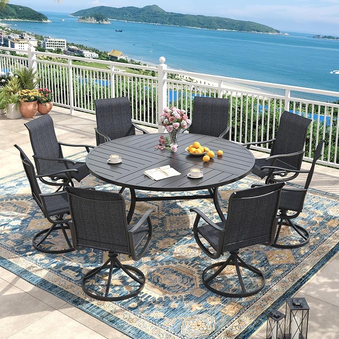 Outdoor Dining Set for 8, 60.1" Metal Round Outdoor Dining Table with Umbrella Hole and Sling Patio Swivel Chairs, 9 Pieces Patio Table and Chairs Set for Garden Backyard, Charcoal and Black