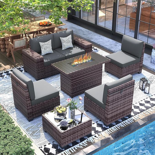 UDPATIO Furniture Set with Fire Pit Table, 8 Inch Wide Armrest 7 Piece Sectional Sofas, All-Weather Wicker Conversation for Garden, Backyard, Grey