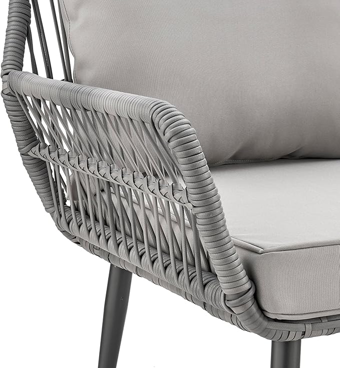 Manhattan Comfort Portofino 4-Piece Patio Conversation Set, Rope Wicker Design with Waterproof Cushions | Outdoor Furniture Includes 2 Armchairs, Loveseat & Coffee Table with Tempered Glass Top, Grey