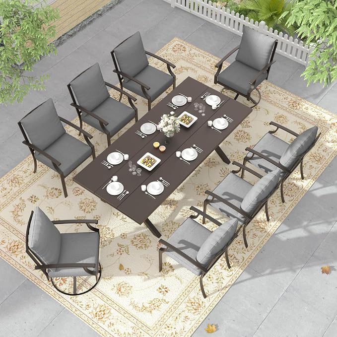 9 PCS Outdoor Patio Dining Set,Patio Table and Chairs Metal Outdoor Patio Furniture Set with Umbrella Hole,Dining Table Set with Swivel Chairs for Deck,Backyard and Garden,Grey