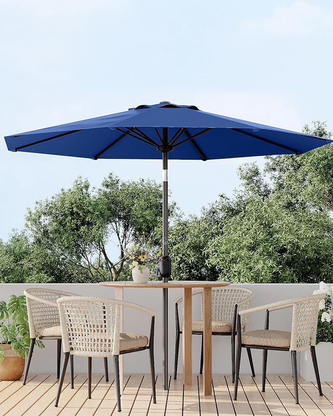GarveeLife 9 ft Patio Umbrella, Outdoor Table Market Umbrella with Push Button Tilt and Crank, 8 Sturdy Ribs UV Protection Waterproof for Garden, Deck, Backyard, Pool (Navy Blue)