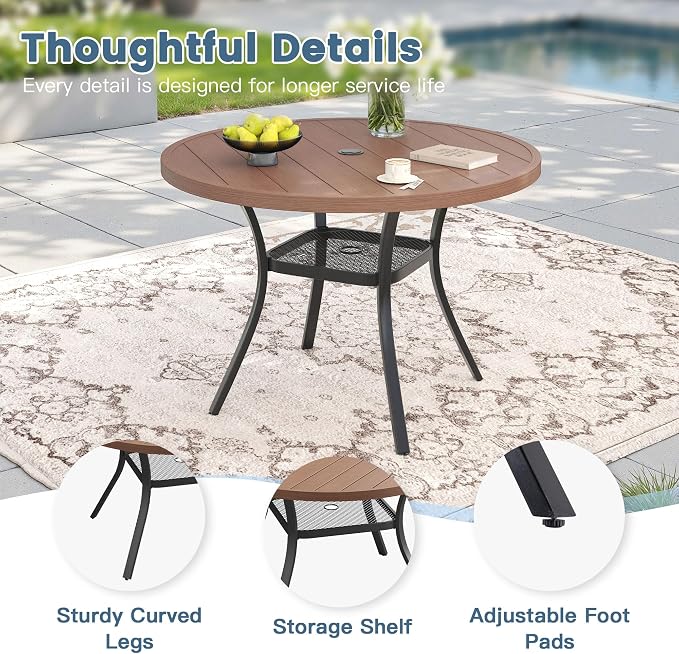 DIFY 5 Pieces Outdoor Dining Set for 4, 40.6" Walnut Round Metal Table with Umbrella Hole and Brown Textilene Swivel Patio Chairs, Patio Table and Chairs Set for Garden, Backyard, Poolside