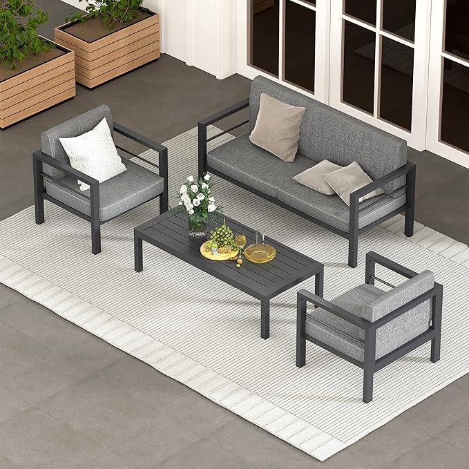 4 Piece Modern Aluminum Patio Furniture Set, Outdoor Metal Seating Sets, Patio Sectional Conversation Set with Soft Cushion and Coffee Table (4 Piece Set)