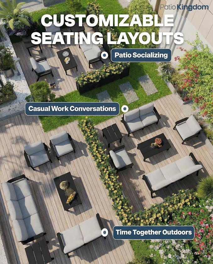 7 Piece Patio Conversation Sets, Outdoor Couch with Washable Thick Gray Cushions, HDPE Patio Furniture Set with 12FT Umbrella, Outdoor Sectional Furniture for Backyard (Black Frame)