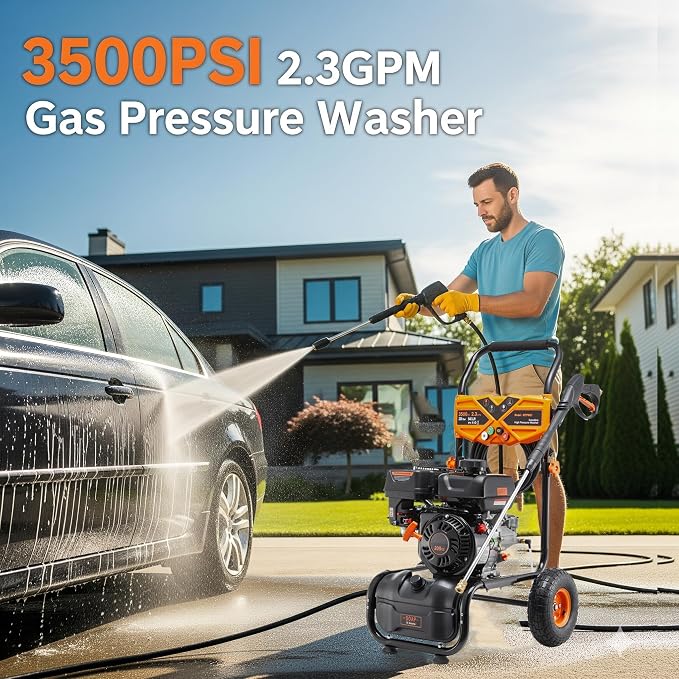 Gas Pressure Washer, 3500PSI 2.3GPM Gas Power Washer W/25FT Hose, 4 Quick-Connect Nozzles, Onboard Soap Tank, Portable Water Pressure Washers for Cars/Fences/Driveways/Homes/Patios/Furniture