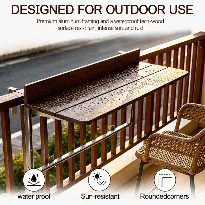 Foldable Balcony Bar Table for Railings, Folding Hanging Deck Rail Table for Small Apartment Patio,Outdoor Garden, 5-Level Adjustable Height, Rustproof,Weather Resistant, Easy Assembly