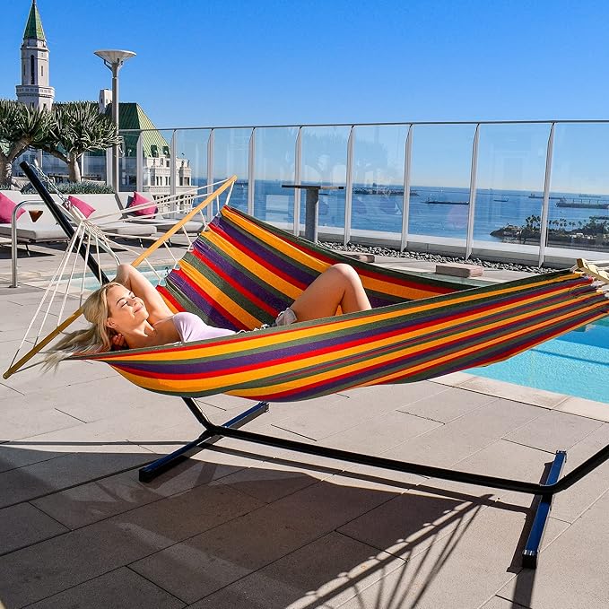 Sterling Sports Hammock for 1 Person, 4ft Wide 420 lbs Capacity, Wooden Spreader for Outdoor Patio Yard Poolside, Cotton Tropical Rush