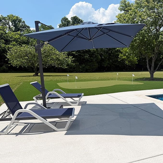 PURPLE LEAF 8 FT Outdoor Umbrella with Base Patio Cantilever Aluminum Umbrella with 3 Years Fade Resistance Recycled Fabric Offset Square with 360-degree Rotation for Deck Pool Garden, Ocean Slate