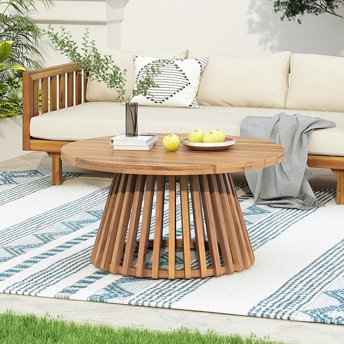 Christopher Knight Home Hakee Acacia Wood Patio Coffee Table, Round Coffee Table with Unique Wooden Base, Stylish Indoor/Outdoor Table, Easy Assembly, 31.5" x 31.5" x 16", Light Teak
