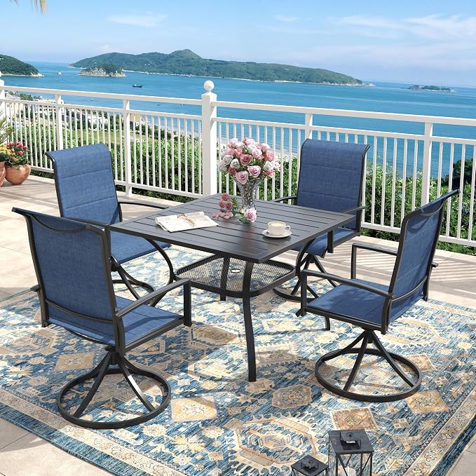 Outdoor Dining Set for 4, 37.8" Outdoor Dining Table with Umbrella Hole and Padded Textilene Patio Swivel Chairs, 5 Pieces Patio Table and Chairs Set for Garden Backyard, Dark Blue and Black