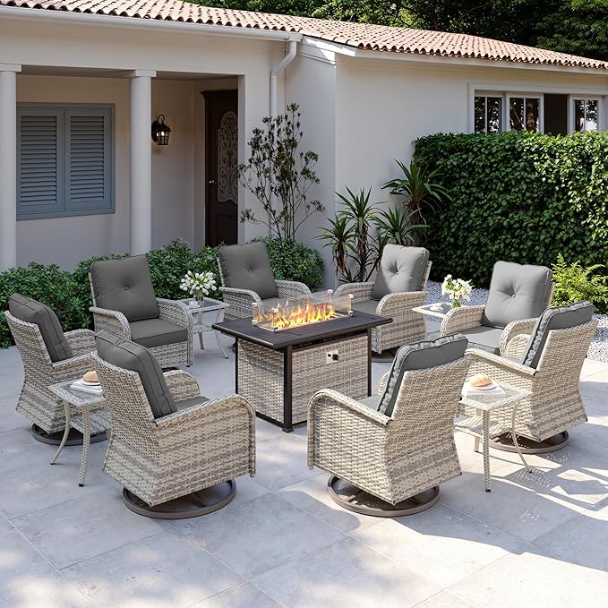 13Pcs Patio Rocking Swivel Chair with 55,000 BTU Fire Pit Table Outdoor Wicker Rattan Bistro Set with Tempered Glass Side Table, Outdoor Patio Furniture Set for Garden and Balcony, Grey