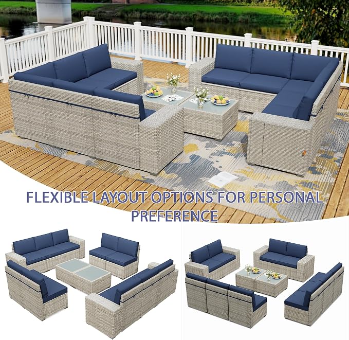12 Piece Patio Furniture Set, 9.8" Wide Arm Sectional Sofa with Storage Armrests, All-Weather Rattan Outdoor Conversation Set for Garden, Porch, Lawn, Backyard, Balcony, Blue