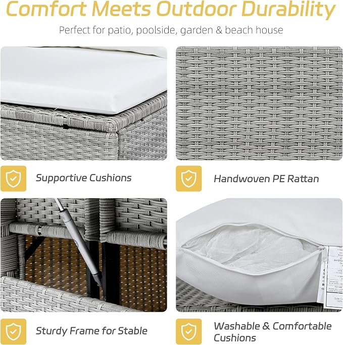 GDFStudio Brava Patio 5-Piece Conversation Set, Outdoor Rattan Sectional Sofa Set with Extendable Side Tables, Dining Table and Bench, L Shaped PE Wicker Furniture Set for Garden, Poolside, White