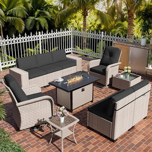 10 Pieces Patio Furniture Set with Fire Pit Table, Outdoor Sectional Wicker Sofa with Thick Cushions, High Back Swivel Rocker Patio Chairs, Rattan Conversation Set with Coffee Table, Black