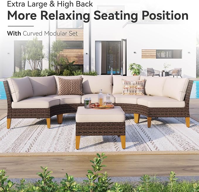 GREEN PARTY 9 Pieces Wicker Patio Furniture Set, All-Weather Outdoor Rattan Half-Moon Curved Patio Sectional Sofa Conversation Set with 4" Thick Cushions for Garden, Backyard, 2 x Ottomans