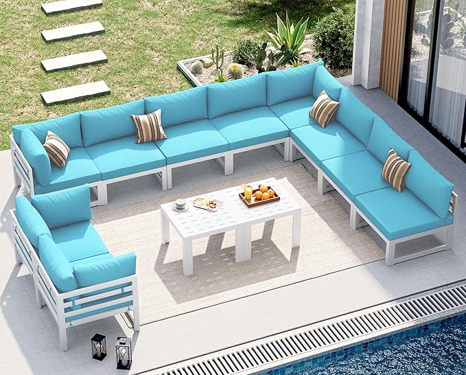 NICESOUL Extra Large Aluminum Patio Furniture Set with End Table, All-Weather 29" Wide Deep Seats Outdoor Sofa Conversation Set, Contemporary Sectional Couch for 10 Seats, for Garden, Turquoise
