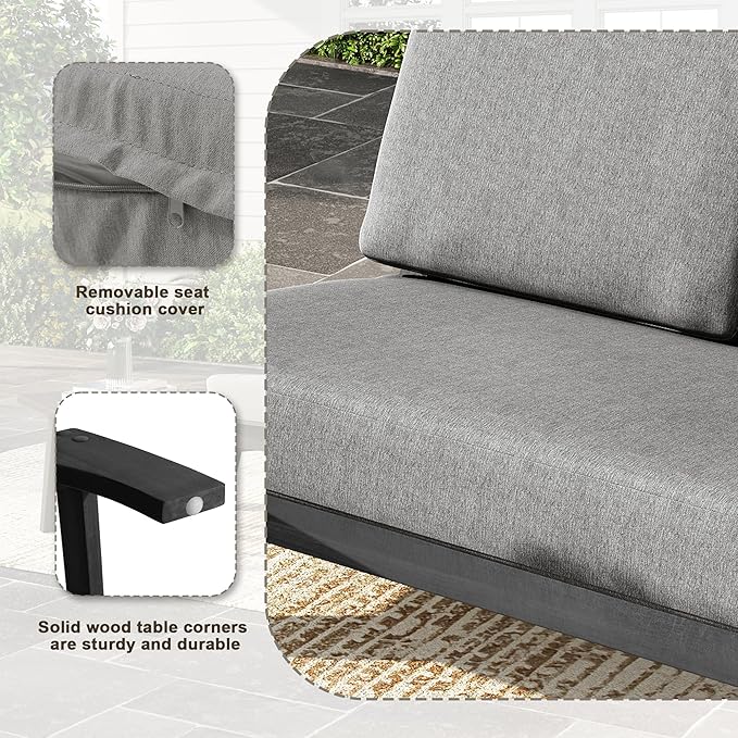 UIXE Black Wood Patio Furniture Sets, 3 Pieces All Weather Patio Loveseat Sofa Outdoor Sectional Futniture Backyard Conversation Set with Solid Wooden Coffee Table - Light Gray
