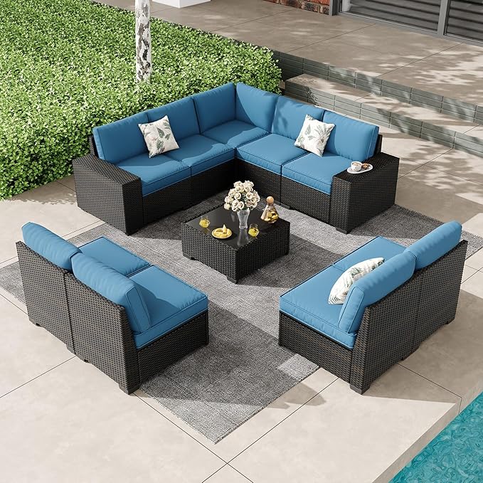 Patio Furniture Set, 10 Pieces Outdoor Couch Sofa with Wider Armrests & Glass Coffee Table, Outdoor Sectional Furniture with Thick Cushions for Party, Poolside,Garden-Peacock