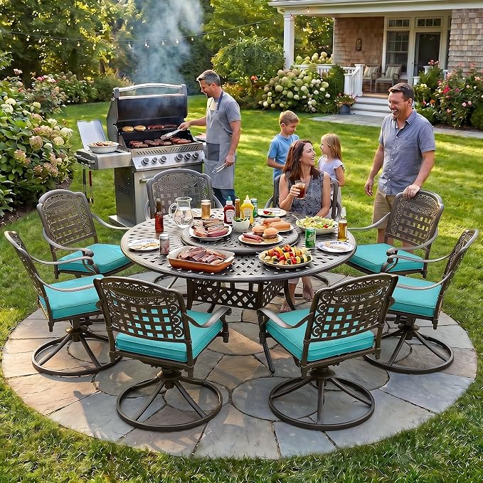 MEETWARM Outdoor 9-Piece Patio Dining Set, All-Weather Cast Aluminum Patio Conversation Set- 8 Cushioned Swivel Rocker, 61" Round Patio Dining Table w/Detachable Lazy Susan/Umbrella Hole, Ocean Blue