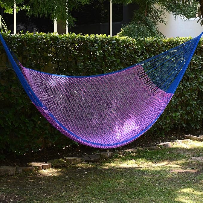 NOVICA Blue Fuchsia Pink Hand Woven Nylon Mayan 1 Person Rope Hammock With Hanging Accessories, 'Iridescent Tropics' (Single)