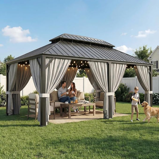 IRONCK 12'x20' Outdoor Hardtop Gazebo, Aluminum Patio Gazebo with Galvanized Steel Double Roof, Patio Pergola with Net and Curtain, Backyard Canopy for Garden, Deck, Black Gray