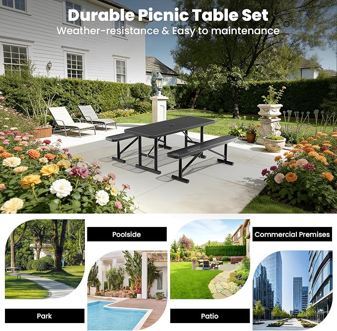 6FT Outdoor Metal Picnic Table with 2 Benches,Heavy Duty Rectangular Picnic Table Set for Outside, Waterproof Commercial Restaurant Table Furniture for Park, Campfield, Patio, Garden, Yard