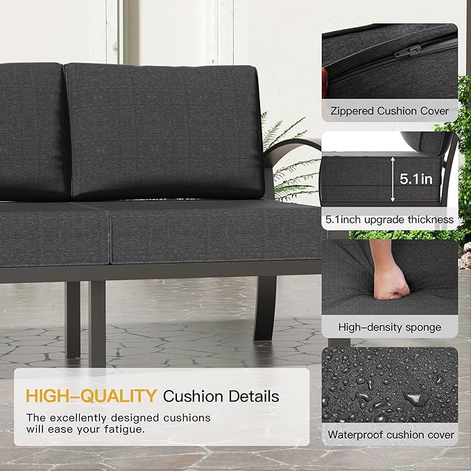 Aluminum Patio Furniture Set,7 Seats Outdoor Sectional with 2 Round Coffee Tables,Patio Conversation Sets w/5.1" Upgraded Thick Cushions for Backyard, Garden and Poolside,Black