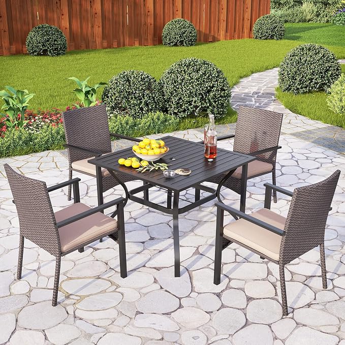 PHI VILLA 5 Piece Outdoor Dining Set for 4, 37" Square Metal Wrought Iron Table with Umbrella Hole & Cushioned Rattan Wicker Chairs, Modern Furniture for Patio, Deck, Backyard, Porch