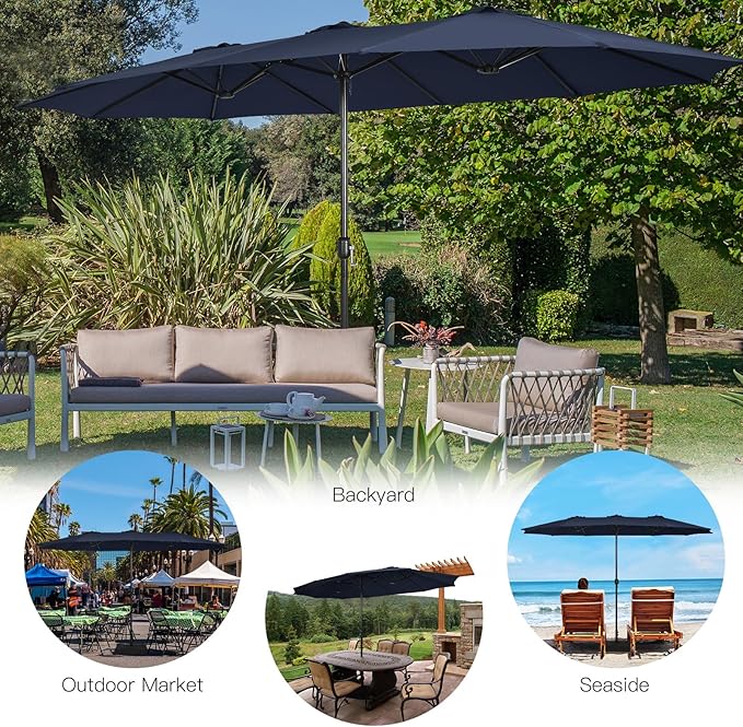 Tangkula 15FT Double-Sided Patio Umbrella with Base, Extra-Large Market Umbrella W/Crank System, Outdoor Twin Umbrella W/ 12-Rib Metal Structure & Air Vents for Garden, Backyard, Poolside (Navy)