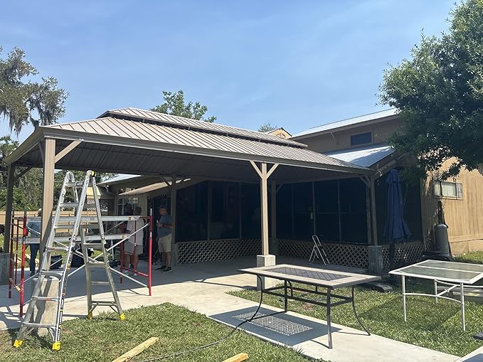 PURPLE LEAF Outdoor Gazebo 14'X28'，Champagne Hardtop Gazebo with Galvanized Steel Double Roof, Permanent Patio Gazebo with Curtains and Netting for Patio Lawn Garden and Deck