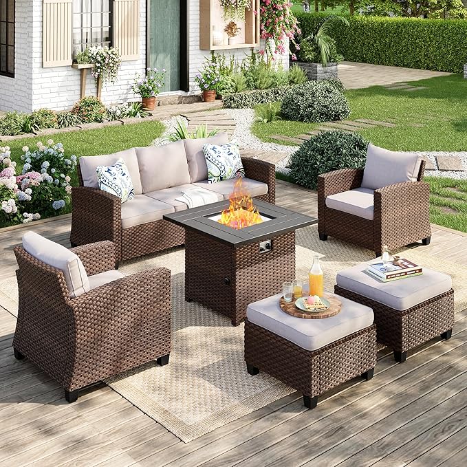 Patio Furniture Set, 6 Pcs Wicker Rattan Outdoor Conversation Set, 2 x Leg Chairs, 1 x 3 Seater Sofa and 2 x Ottoman with 4" Thick Cushion and 32" Fire Pit Table, Beige