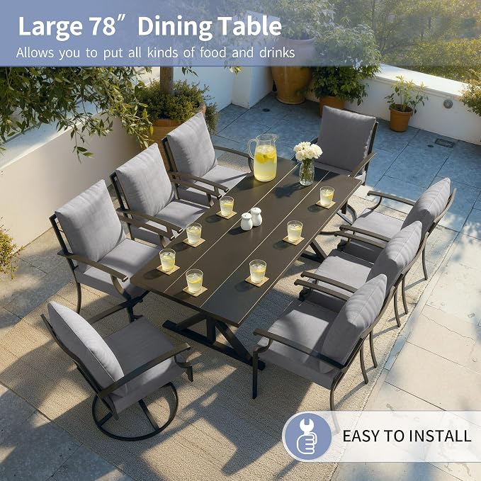Kullavik 9 Pieces Outdoor Dining Set,Patio Dining Table and Chairs Set for 8,Fence Pattern Back Chairs with Thickened Cushions & X-Frame Metal Dining Table with Umbrella Hole for Patio,Grey