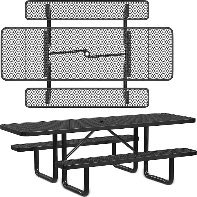 Leisure Craft Metal Picnic Table with Bench - 8 ft Rectangle Outdoor Dining Table with Umbrella Hole, Heavy Duty Thermoplastic Coating, ADA Compliant, Commercial Grade Furniture Made in USA - Black