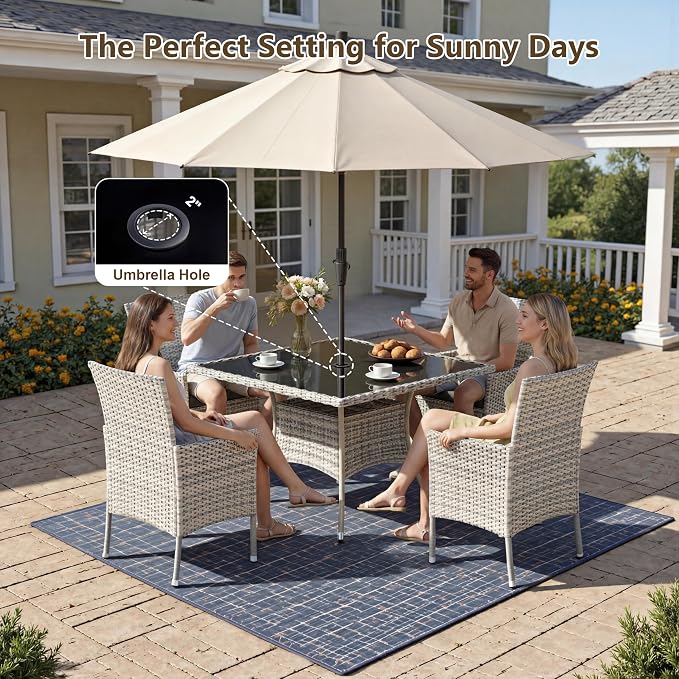 Outdoor Dining Set, 10-Piece Patio Furniture Set with Tempered Glass Table and 8 Cushioned Chairs, Dual-Strand Wicker Rattan, Balcony Furniture for Backyard, Garden, Deck,– Gray