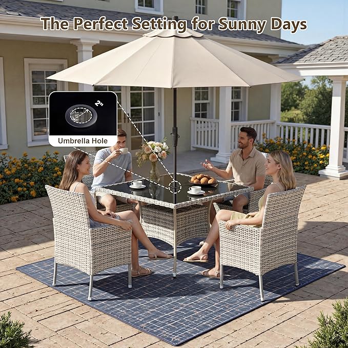 Outdoor Dining Set, 15-Piece Patio Furniture Set with Tempered Glass Table and 12 Cushioned Chairs, Dual-Strand Wicker Rattan, Balcony Furniture for Backyard, Garden, Deck,– Turquoise
