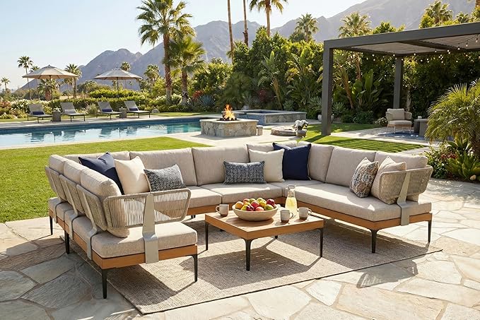 PURPLE LEAF Patio Furniture Set Outdoor Sectional Sofa with Removable Cushions and Pillows Wicker 8 Piece U-Shaped Couch Modern Conversation Sets for Balcony Yard Garden Poolside, Oatmeal Greige