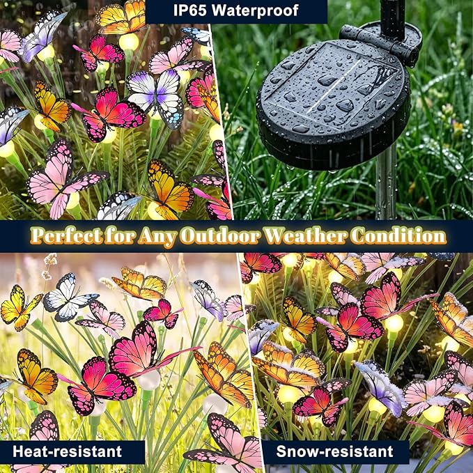 Vivideal Solar Butterfly Lights Outdoor, 2 Pack 16 LED Solar Garden Lights with 2 Modes, IP65 Waterproof Solar Powered Lights for Outside Garden Yard Patio Pathway Decorations