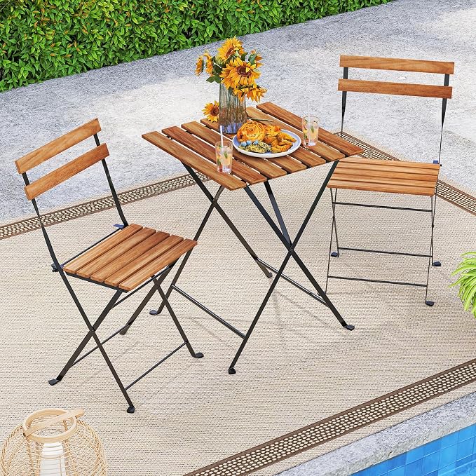 Tangkula 3 Pieces Patio Dining Set, Outdoor Square Table and Folding Chairs with Metal Frame, Space Saving Furniture Set for Yard Porch Deck Backyard