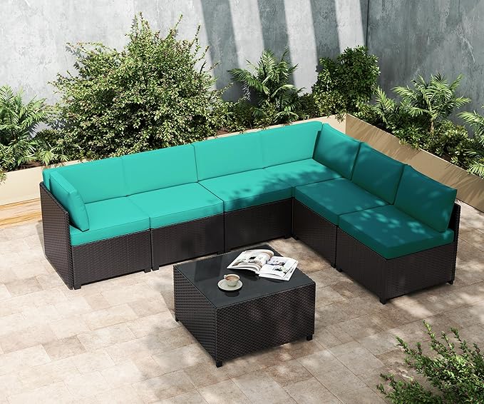 LHBcraft 7 Piece Patio Furniture Set, Outdoor Furniture Patio Sectional Sofa, All Weather PE Rattan Outdoor Sectional with Cushion and Coffee Table