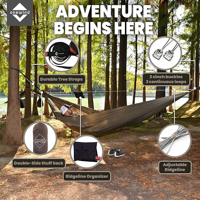 Onewind Camping Hammock, Ultralight Portable Hammock with Adjustable Ridgeline, Outdoor Hammock 20D Ripstop Nylon with 2 * 12Ft Tree Strap, Ideal for Camping, Hiking, Backpacking