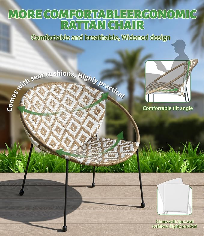 3-Piece Outdoor Patio Bistro Set, Wicker Chairs with Cushions, PE Rattan All-Weather Conversation Set with Coffee Table for Balcony, Porch, Backyard, Poolside, Garden, Deck, White