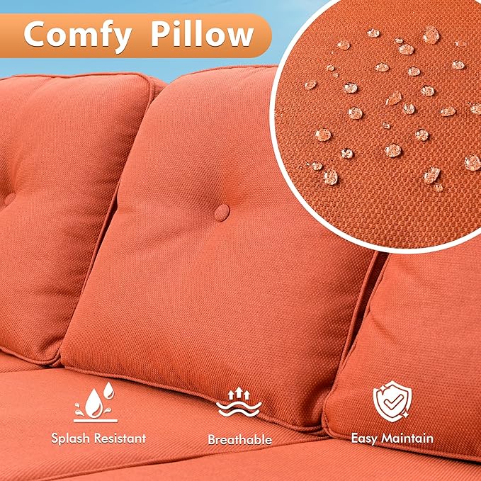 9 PCS Outdoor Patio Furniture Sets,Patio Conversation Sets Outside Rattan Soft Cushion Sofa with 2 Wicker Rocking Chairs & 54 in Fire Pit Table Fit Backyard Porch Garden Poolside Balcony,Orange Red
