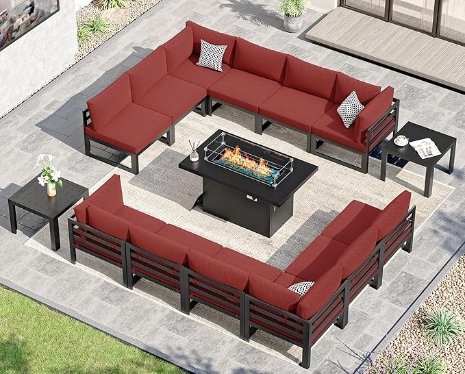 NICESOUL 12 Person Modern Aluminum Outdoor Patio Furniture Set with Firepit & Side Table, 29" Wide Deep Seating, L Shaped Modular Sectional Couch, Oversized Conversation Set for Backyard, Burgundy