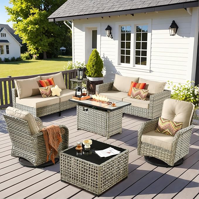 Outdoor Patio Furniture Sets,9 PCS Patio Conversation Set Outside Rattan Sectional Sofa with 42 in Square Fire Pit Table Wicker Rocking Chair Coffee Table Fit Backyard Garden Poolside Balcony
