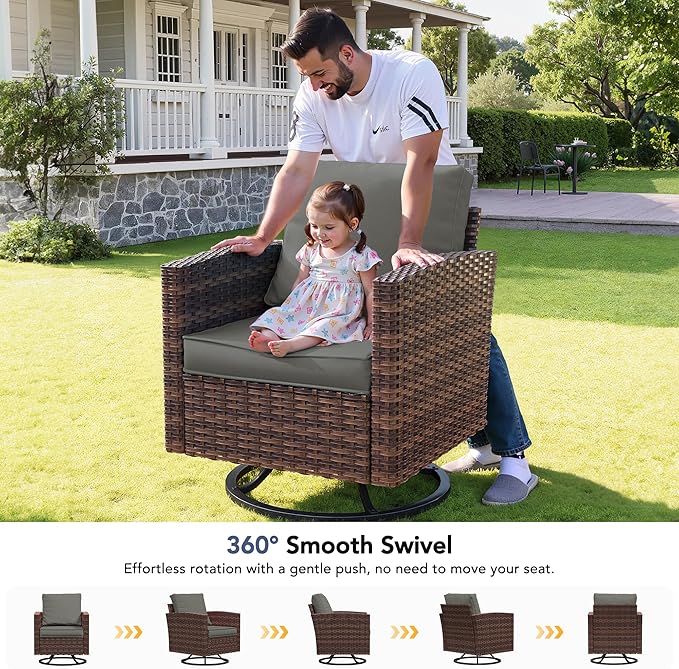 Patio Furniture Sets, 6 Pieces Patio Outdoor Sectional Furniture, Wicker Rattan Conversation Sofa with Swivel Chair, Ottomans, Side Table, 4" Thick Cushion for Deck Porches Balconies, Dark Grey