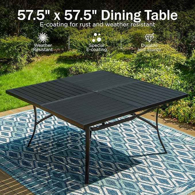 PHI VILLA Square Outdoor Table for 8, Black Metal Table w/Umbrella Hole | 57.5" large wrought iron table. Slatted top design, weather resistant. Perfect for patio, deck, porch, backyard.