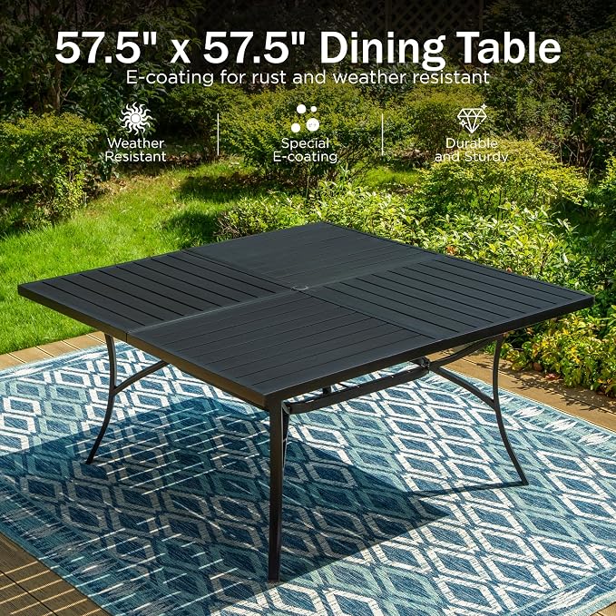 PHI VILLA 9 Pcs Outdoor Dining Set for 8,57.5" Steel Table, Black | Metal Table &Stackable Wrought Iron Chairs, All Weather Large Furniture Set for Patio, Deck, Backyard, Porch - Black