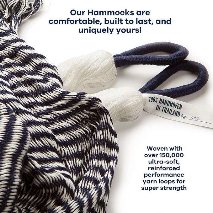 Handwoven Hammock & Charcoal Vista Stand by Yellow Leaf Hammocks - Hanging Chair, Fits 1 Person, 330lb max - Weathersafe, Easy to Hang & Setup, Ultra Soft, Artisan Made - Hammock Color: Navy Blue & W